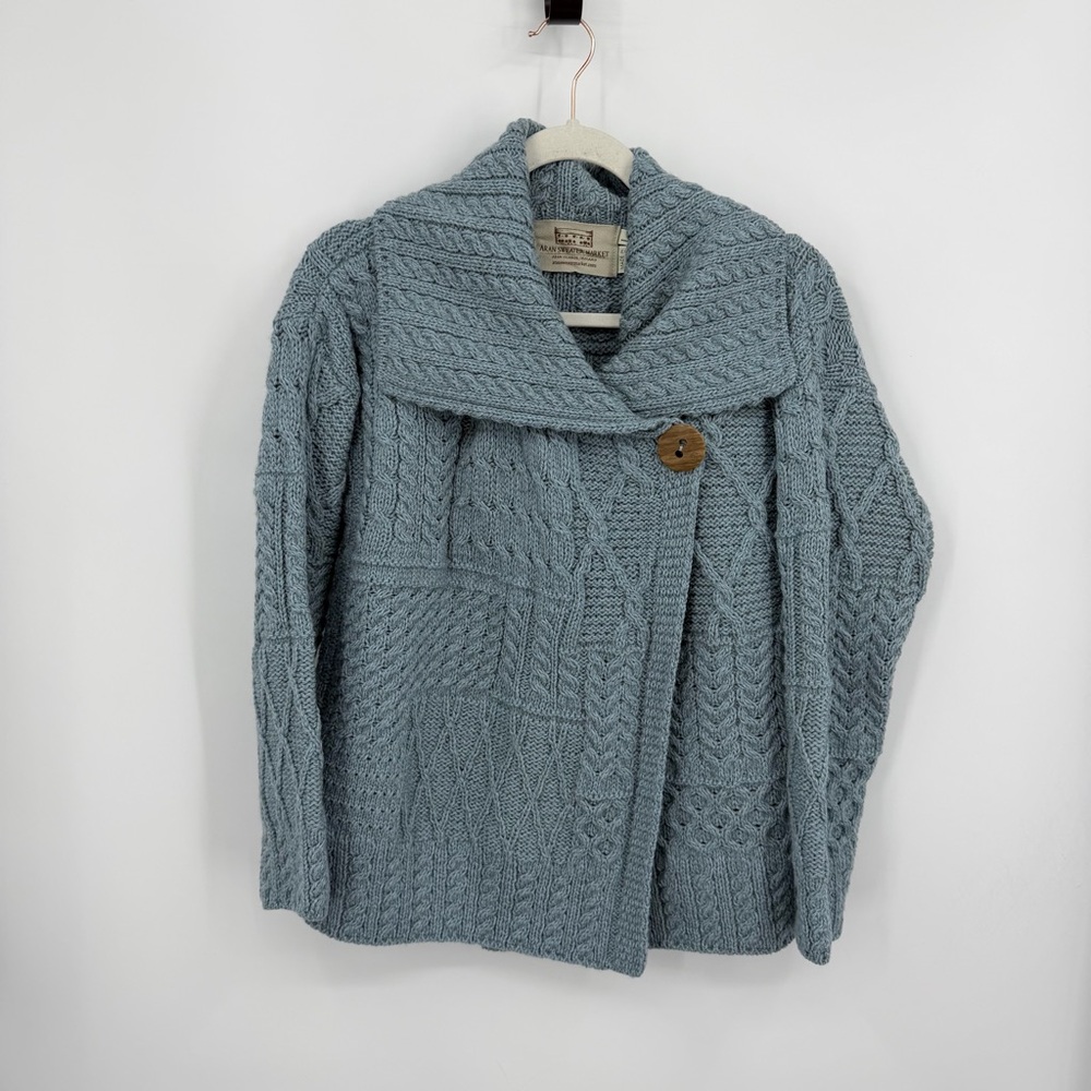 Aran Woollen Mills Patchwork‎ One Button Collar Cardigan blue 100% merino wool L
